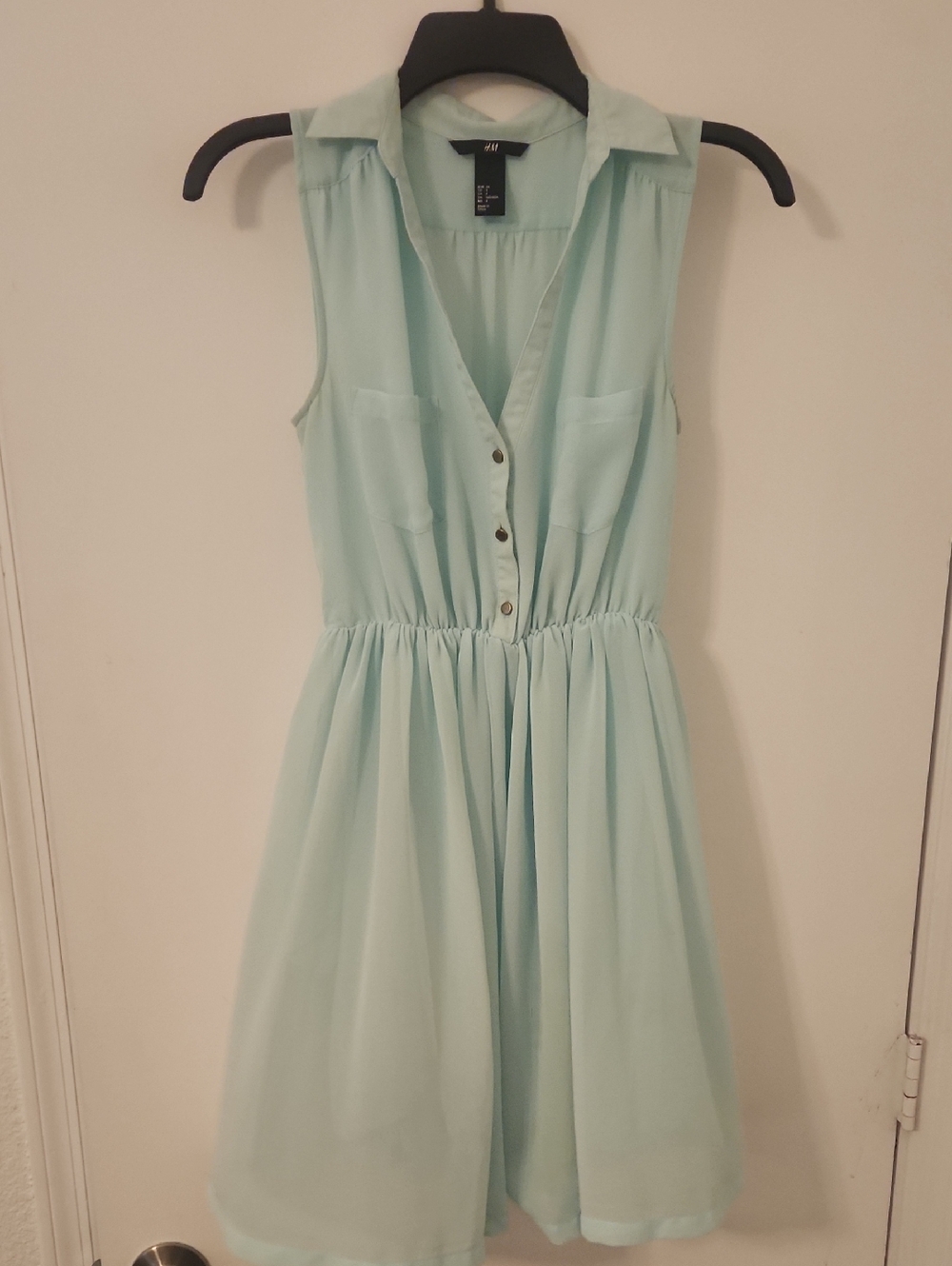 H&M Solid Pastel Teal Aqua Sleeveless Mini Dress Fit Flare Womens 4 P2P:15 L:34